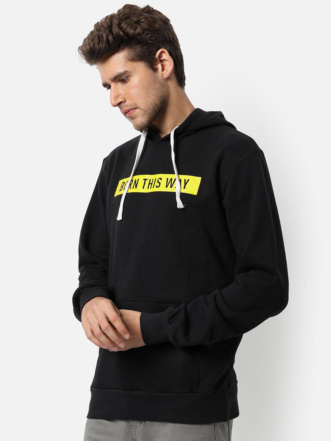 campus sutra men black printed hooded sweatshirt