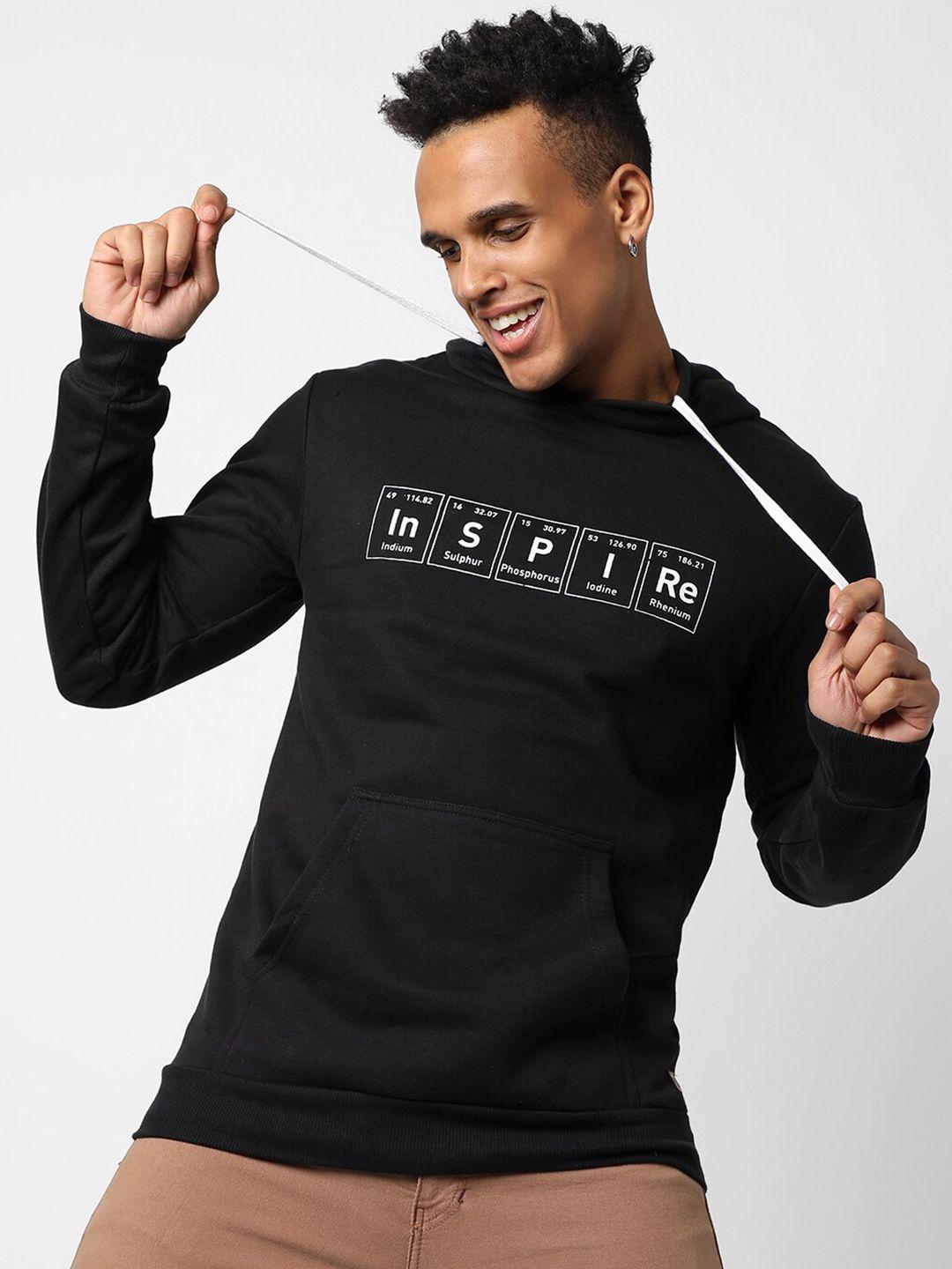 campus sutra men black printed hooded sweatshirt