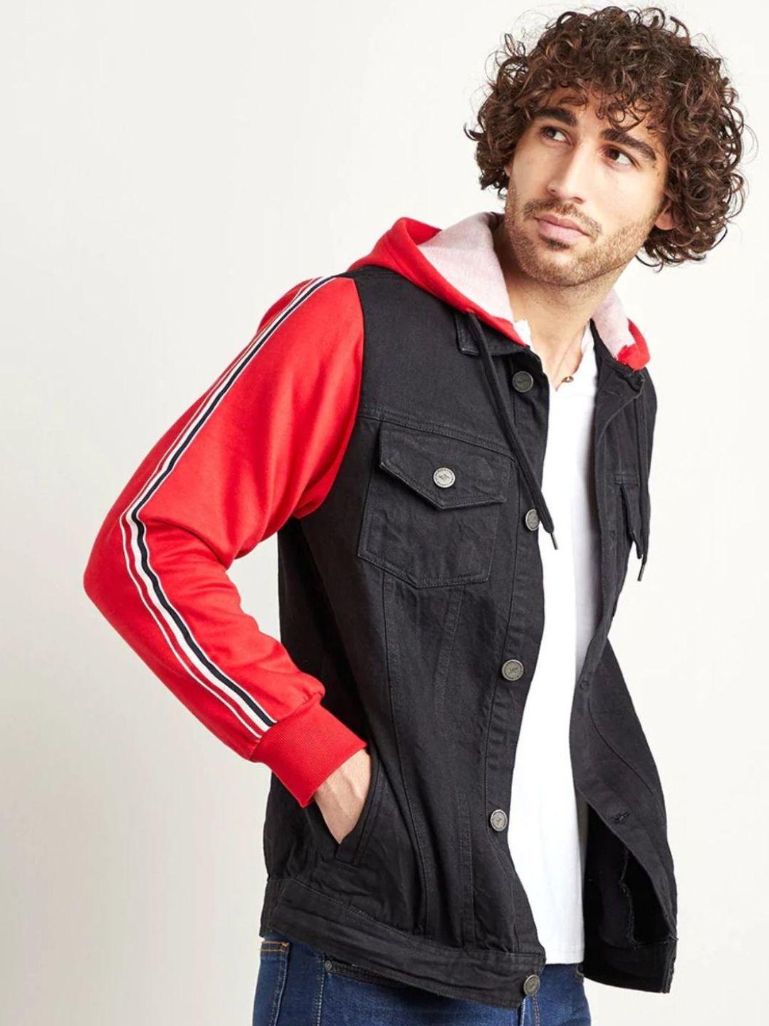 campus sutra men black red washed windcheater longline outdoor open front jacket