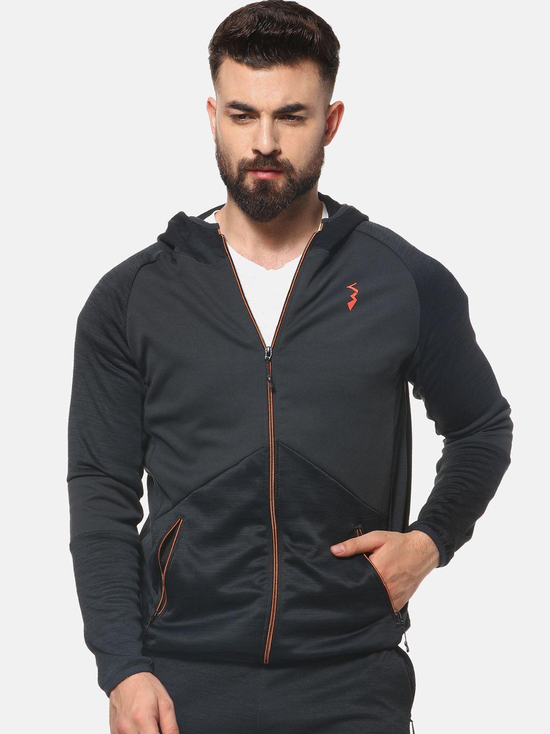 campus sutra men black solid hooded sporty jacket