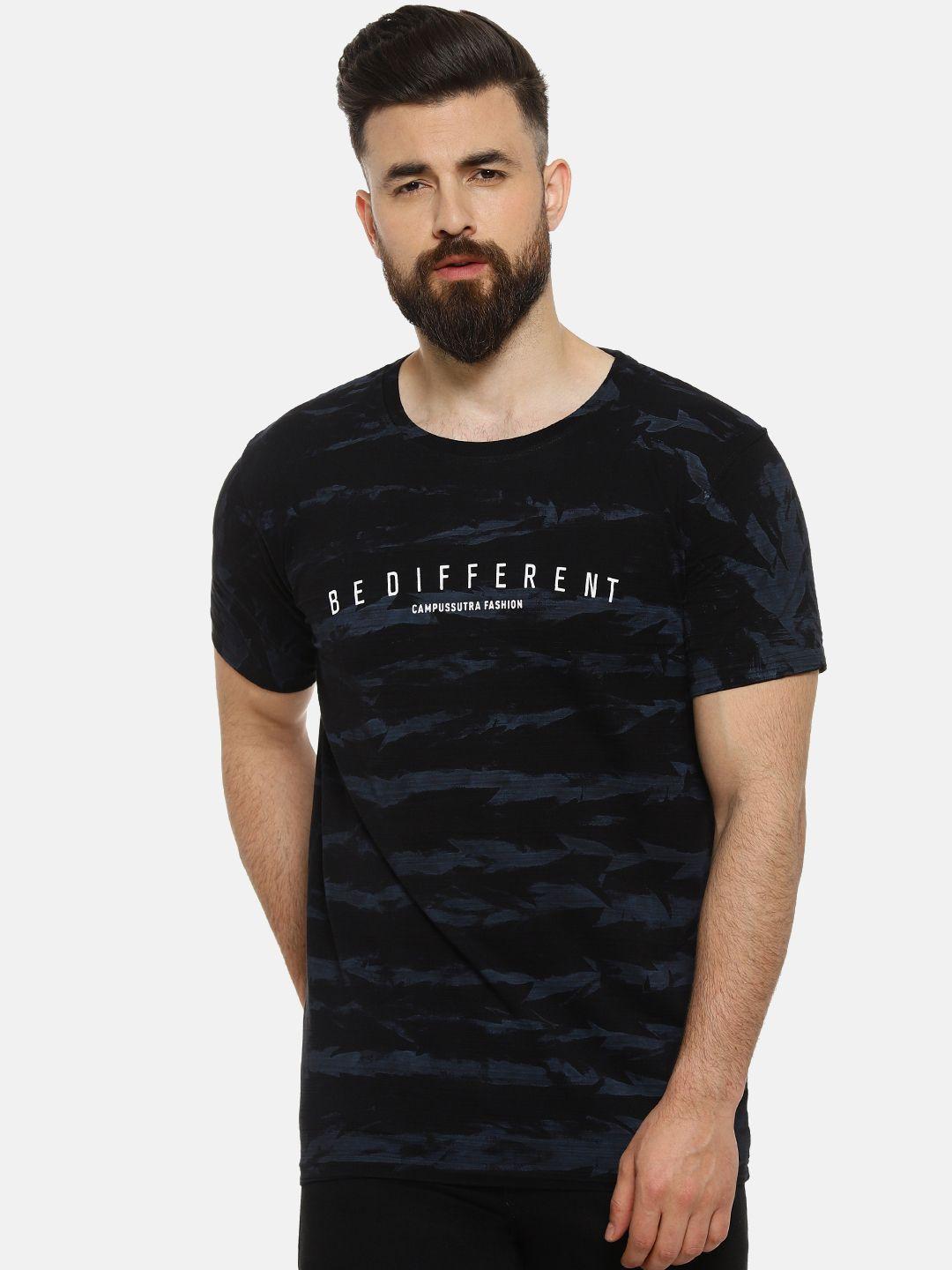 campus sutra men black striped round neck t-shirt