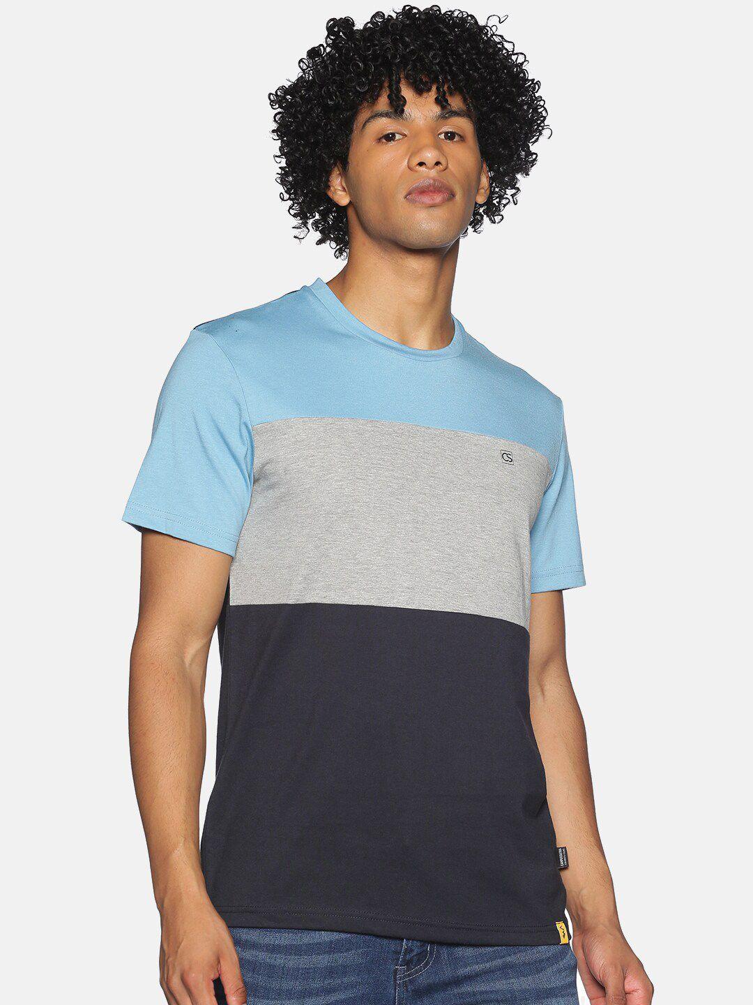 campus sutra men blue & grey melange colourblocked cotton round neck t-shirt