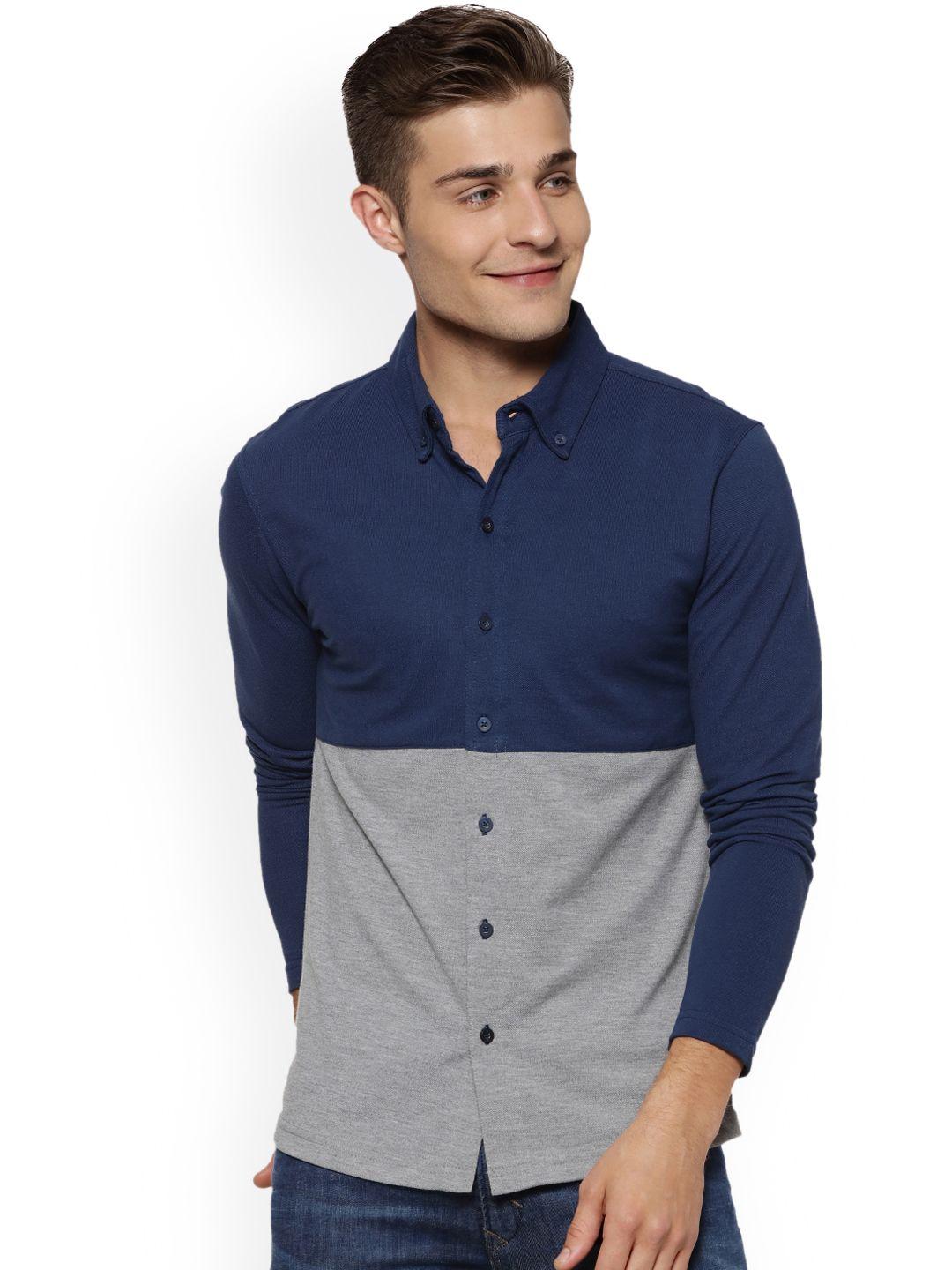 campus sutra men blue & grey regular fit colourblocked casual shirt