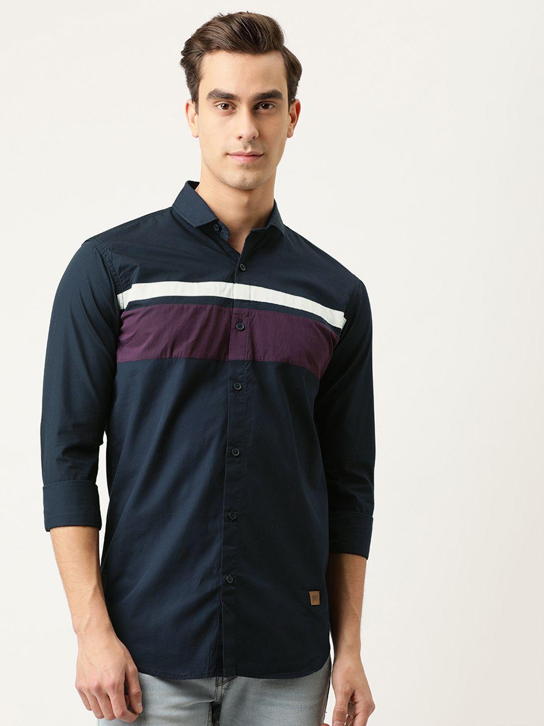 campus sutra men blue & purple regular fit colourblocked casual shirt