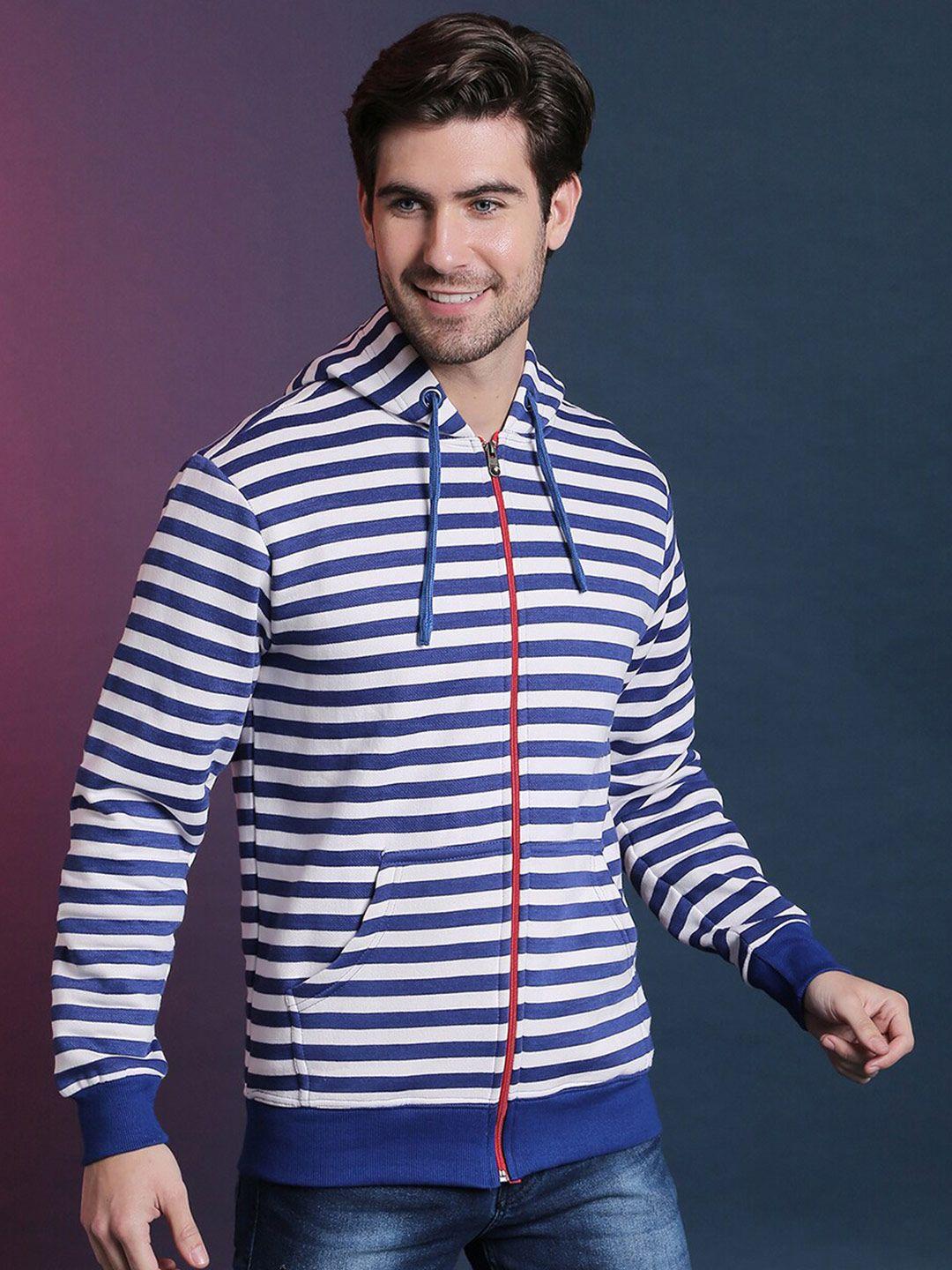 campus sutra men blue & white striped hooded sweatshirt