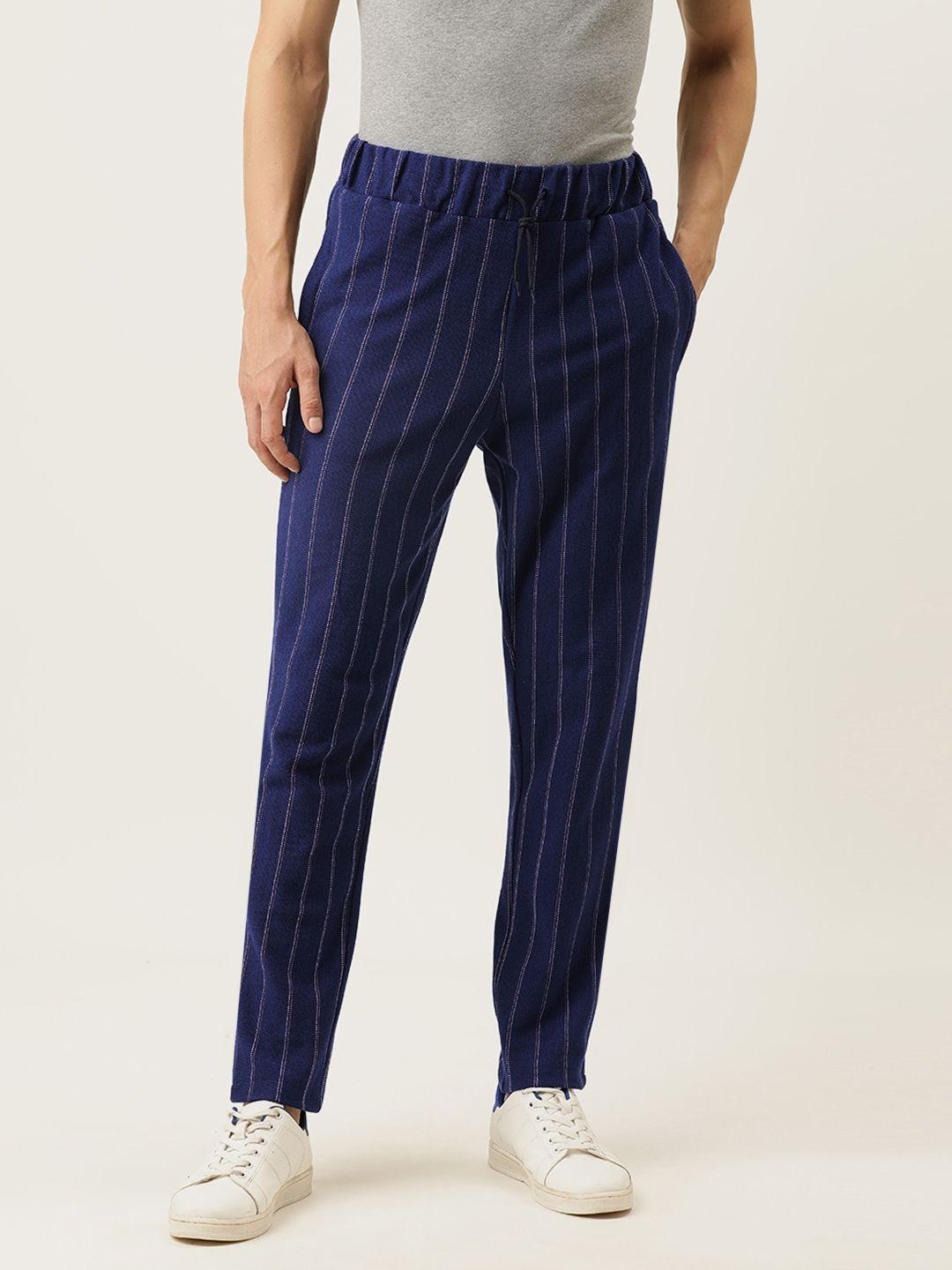 campus sutra men blue & white striped straight fit track pants