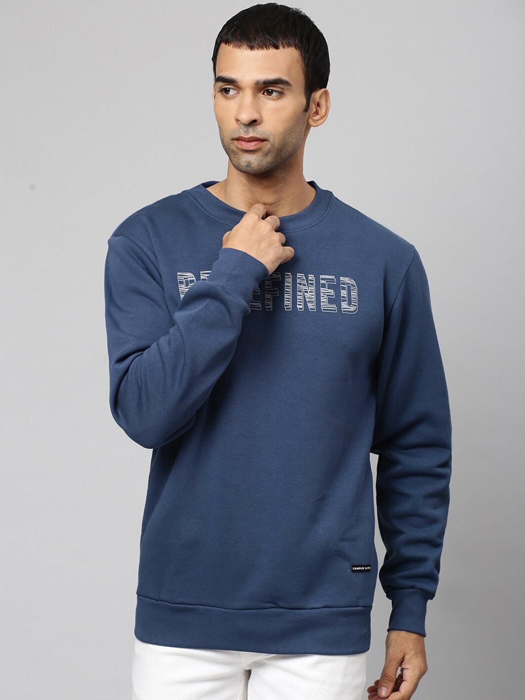 campus sutra men blue & white typography printed pullover