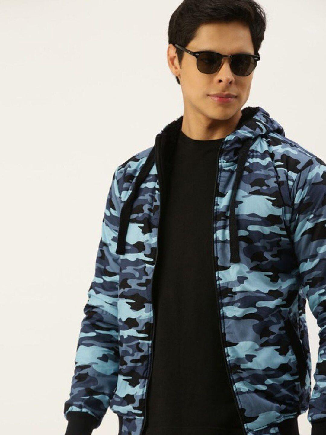 campus sutra men blue black camouflage windcheater bomber jacket