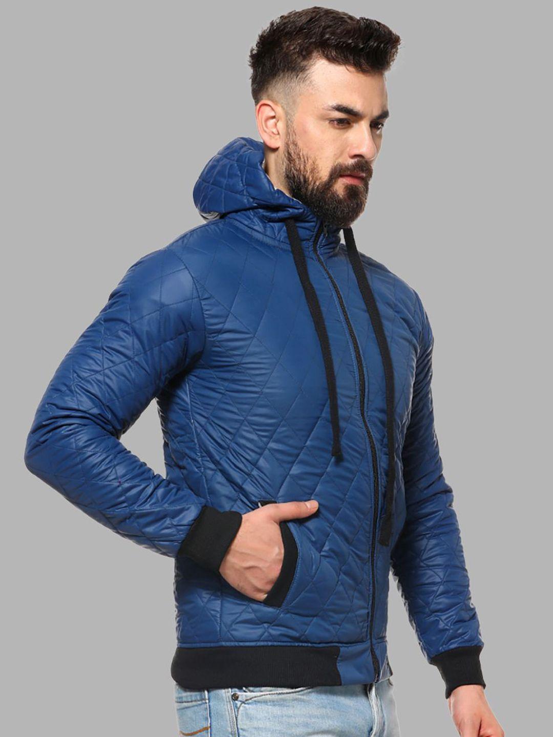 campus sutra men blue black striped windcheater outdoor puffer jacket