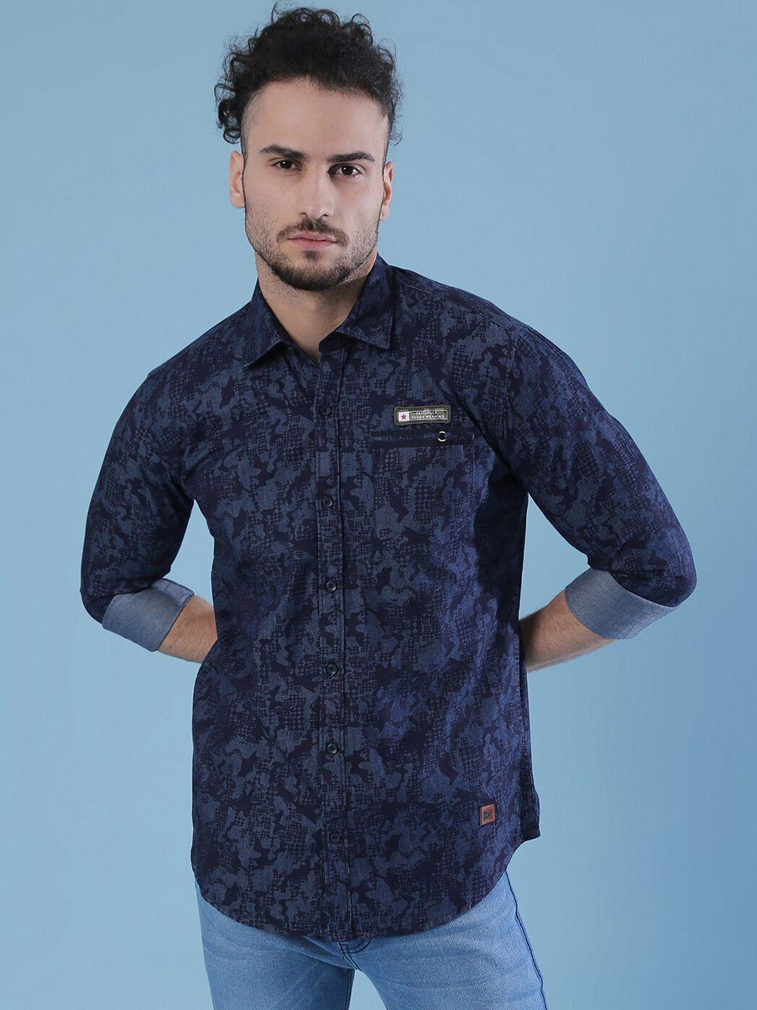 campus sutra men blue classic printed casual shirt