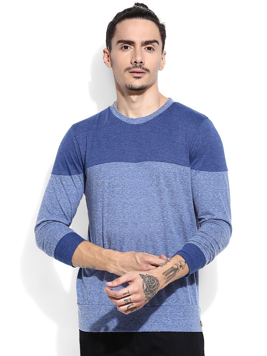 campus sutra men blue colourblock round neck t-shirt