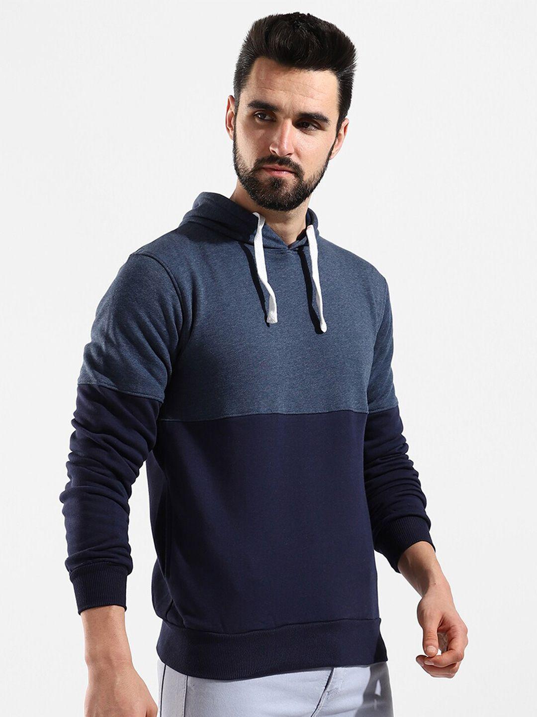 campus sutra men blue colourblocked hooded cotton sweatshirt