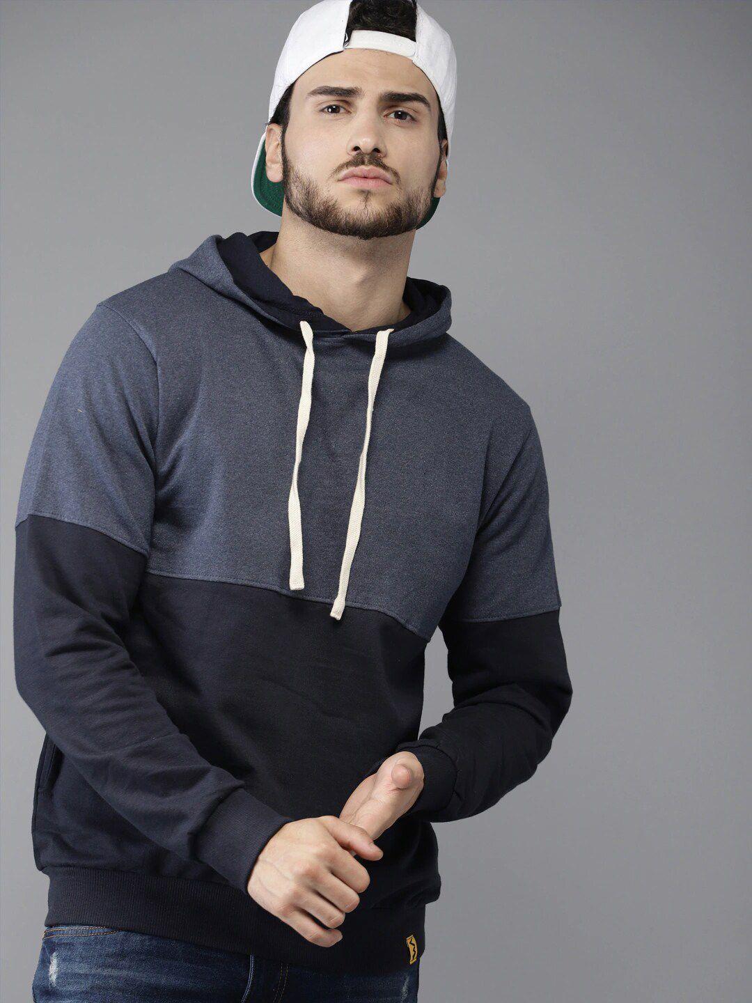 campus sutra men blue colourblocked hooded sweatshirt