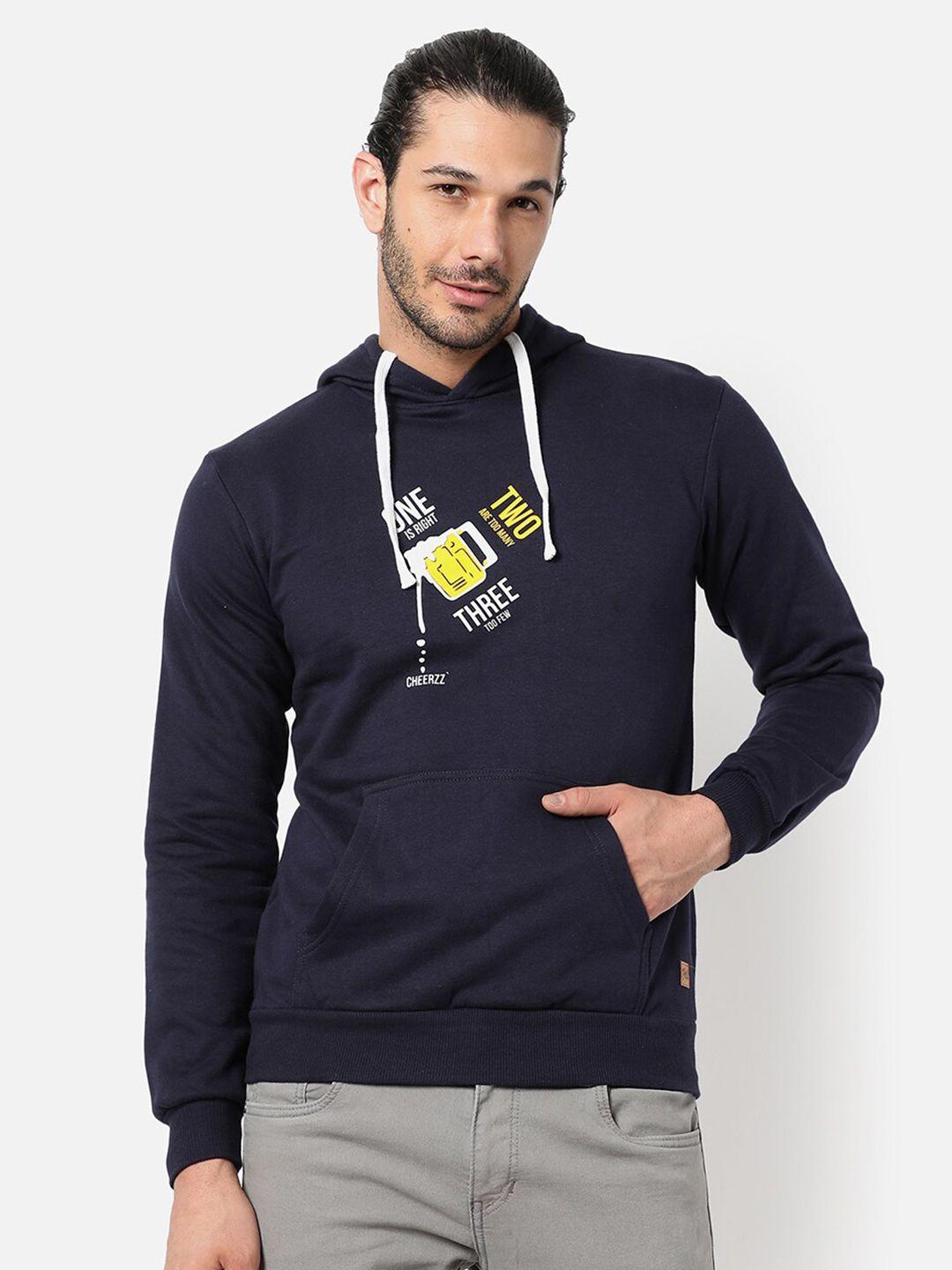 campus sutra men blue cotton printed hooded sweatshirt