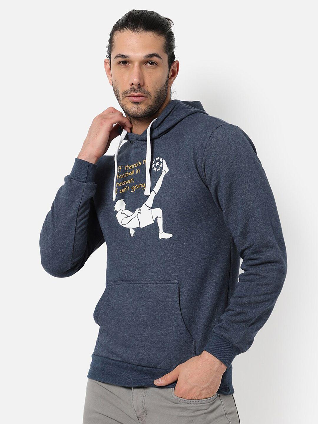 campus sutra men blue printed cotton hooded sweatshirt