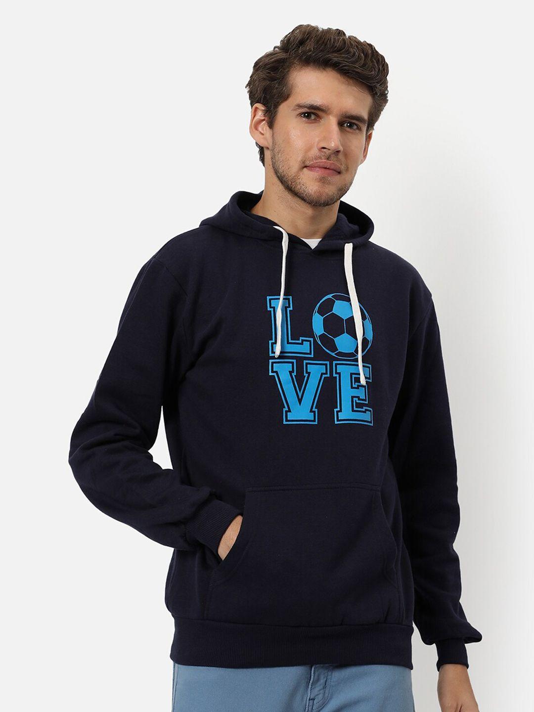 campus sutra men blue printed hooded cotton sweatshirt