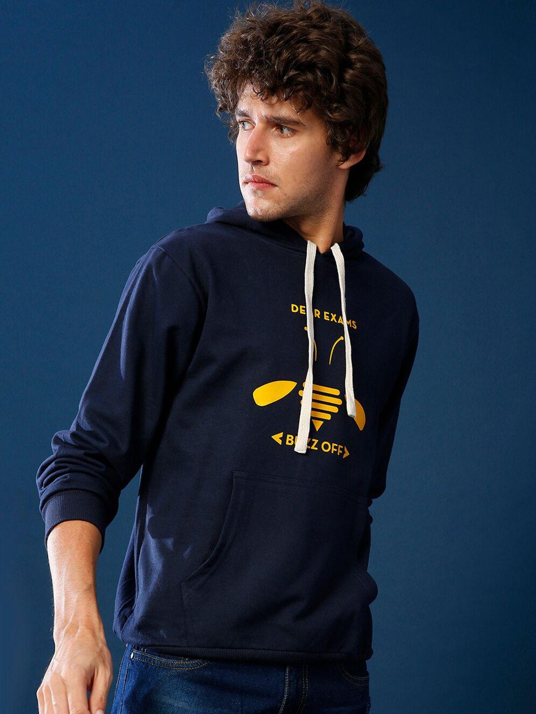 campus sutra men blue printed hooded sweatshirt