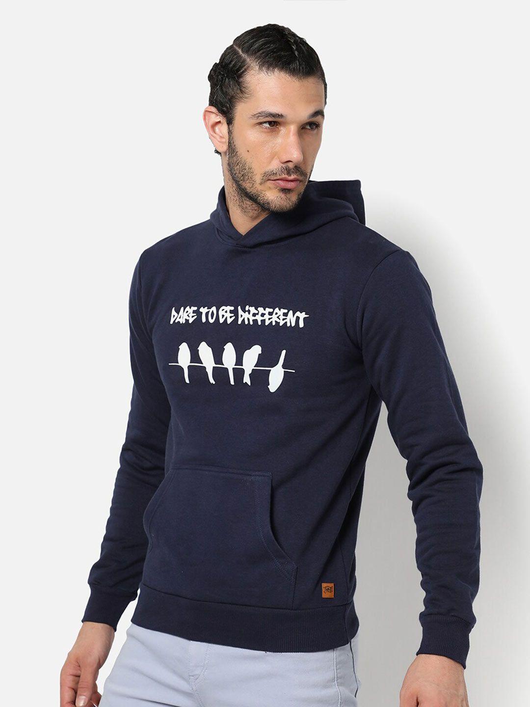 campus sutra men blue printed hooded sweatshirt