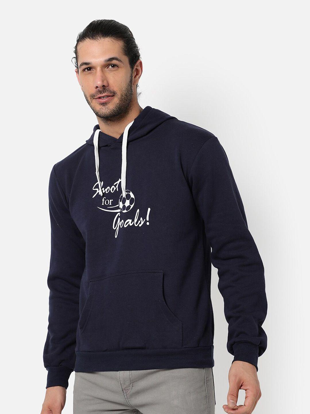 campus sutra men blue printed hooded sweatshirt