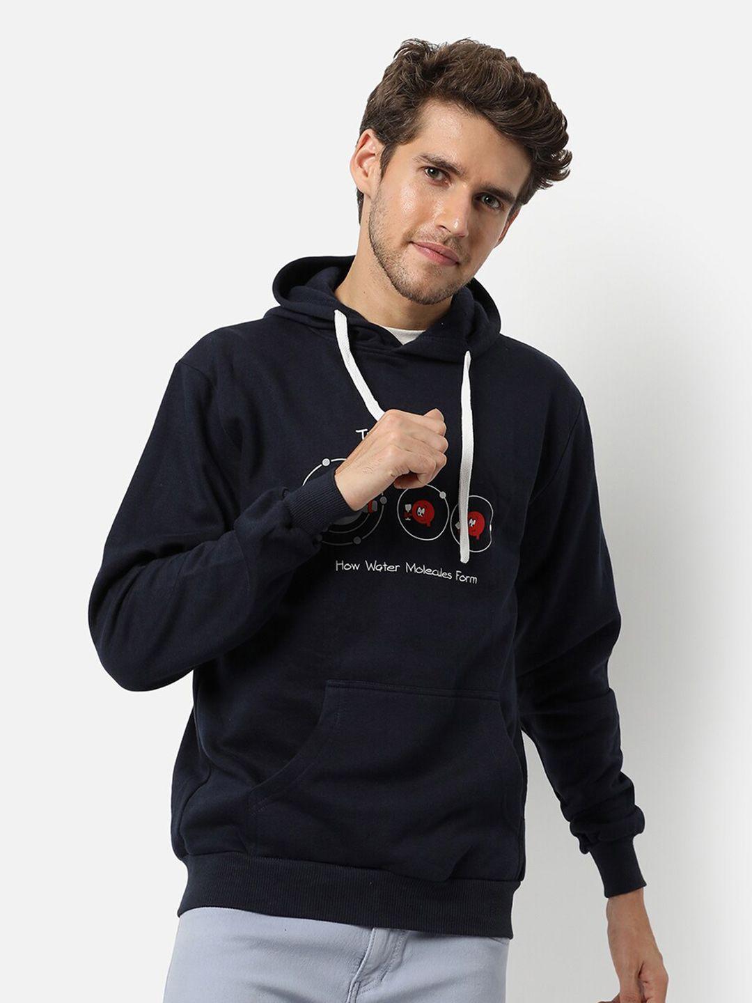 campus sutra men blue printed hooded sweatshirt