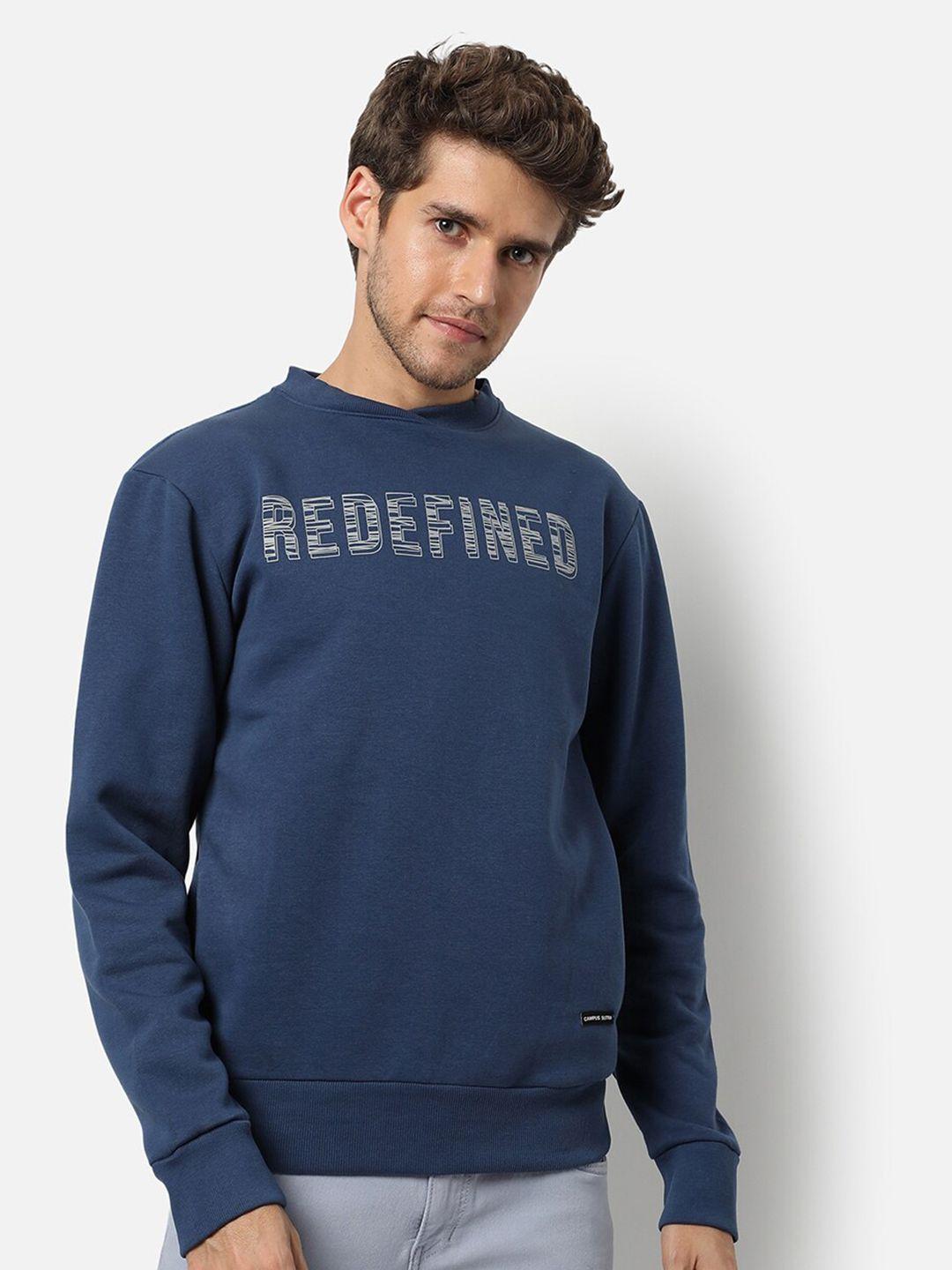 campus sutra men blue printed hooded sweatshirt