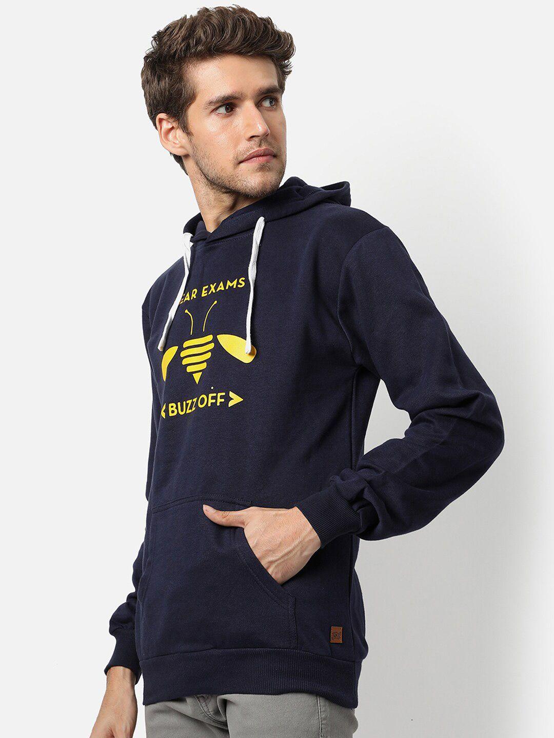 campus sutra men blue printed hooded sweatshirt