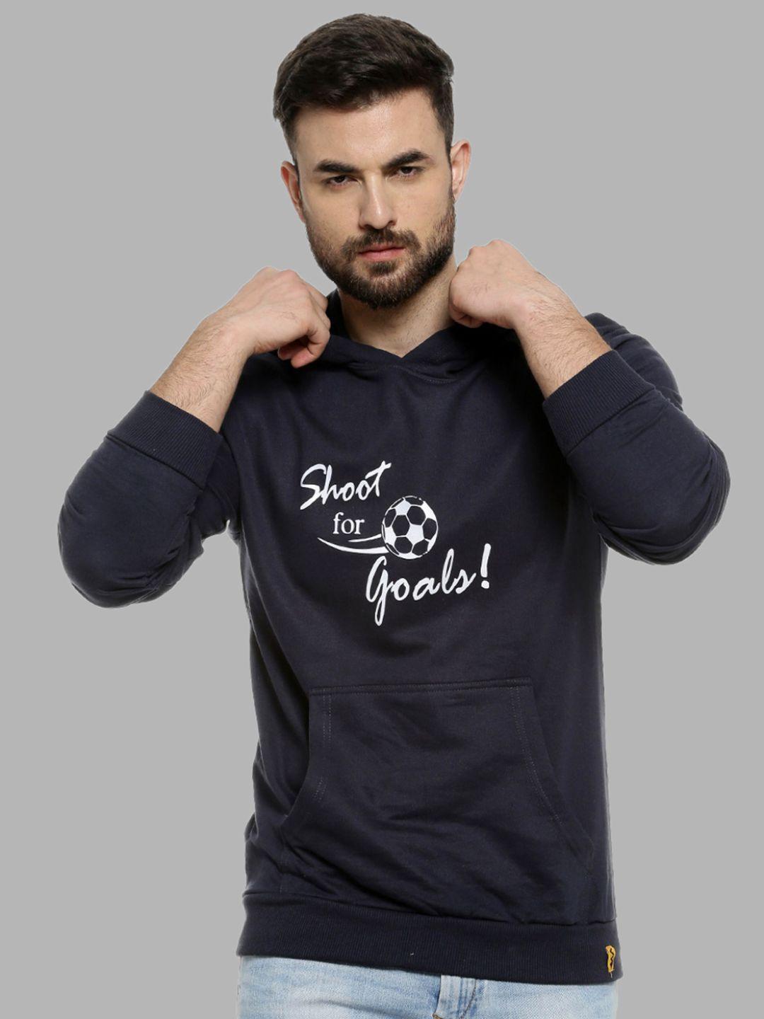 campus sutra men blue printed hooded sweatshirt