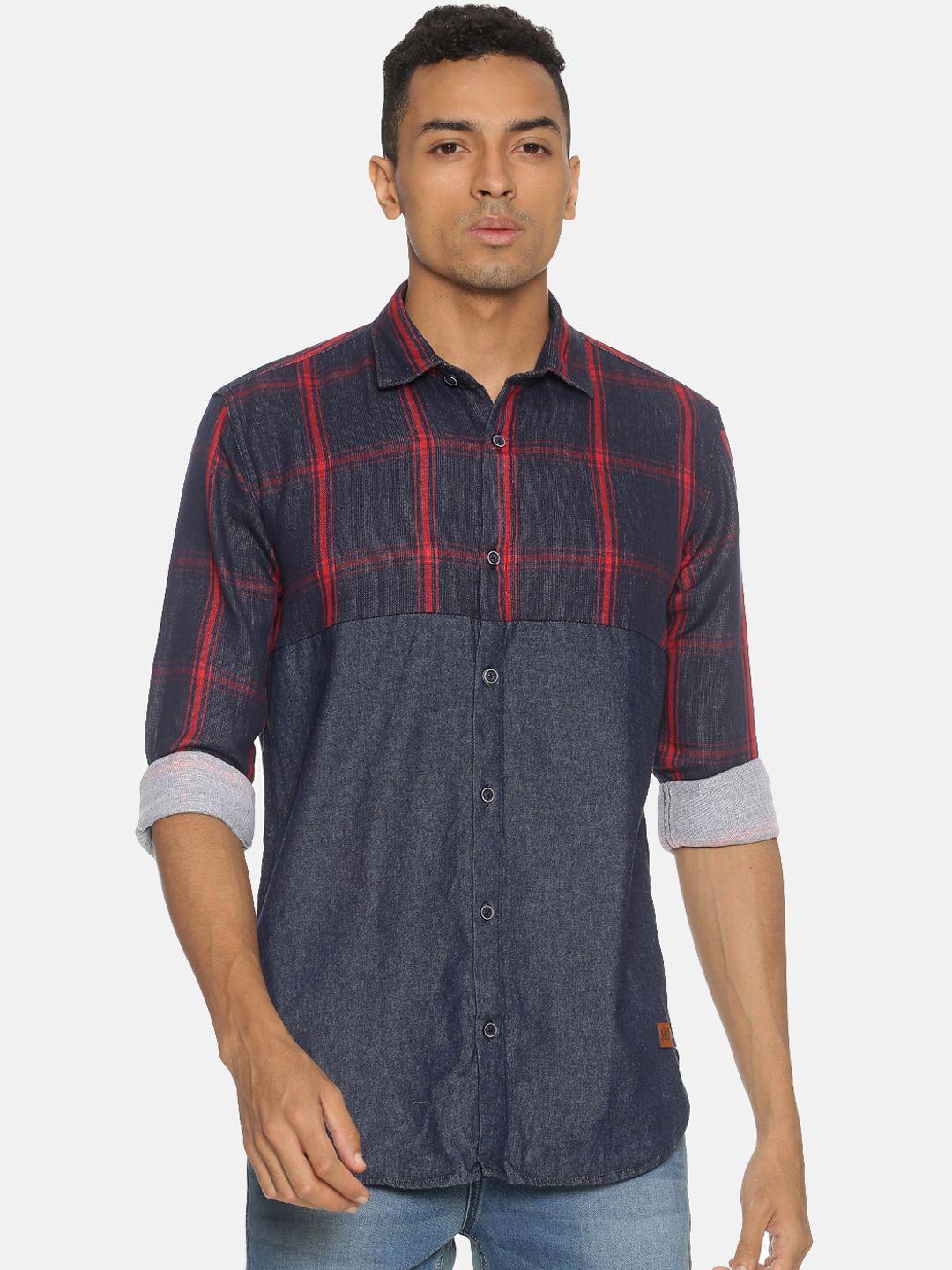 campus sutra men blue regular fit checked casual shirt