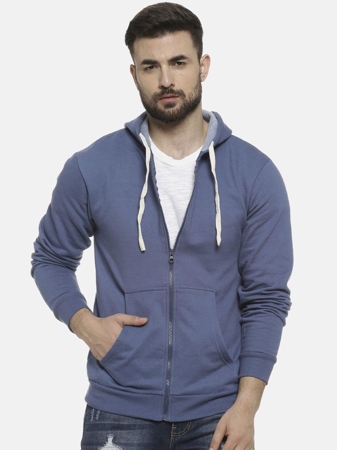 campus sutra men blue solid hooded sweatshirt