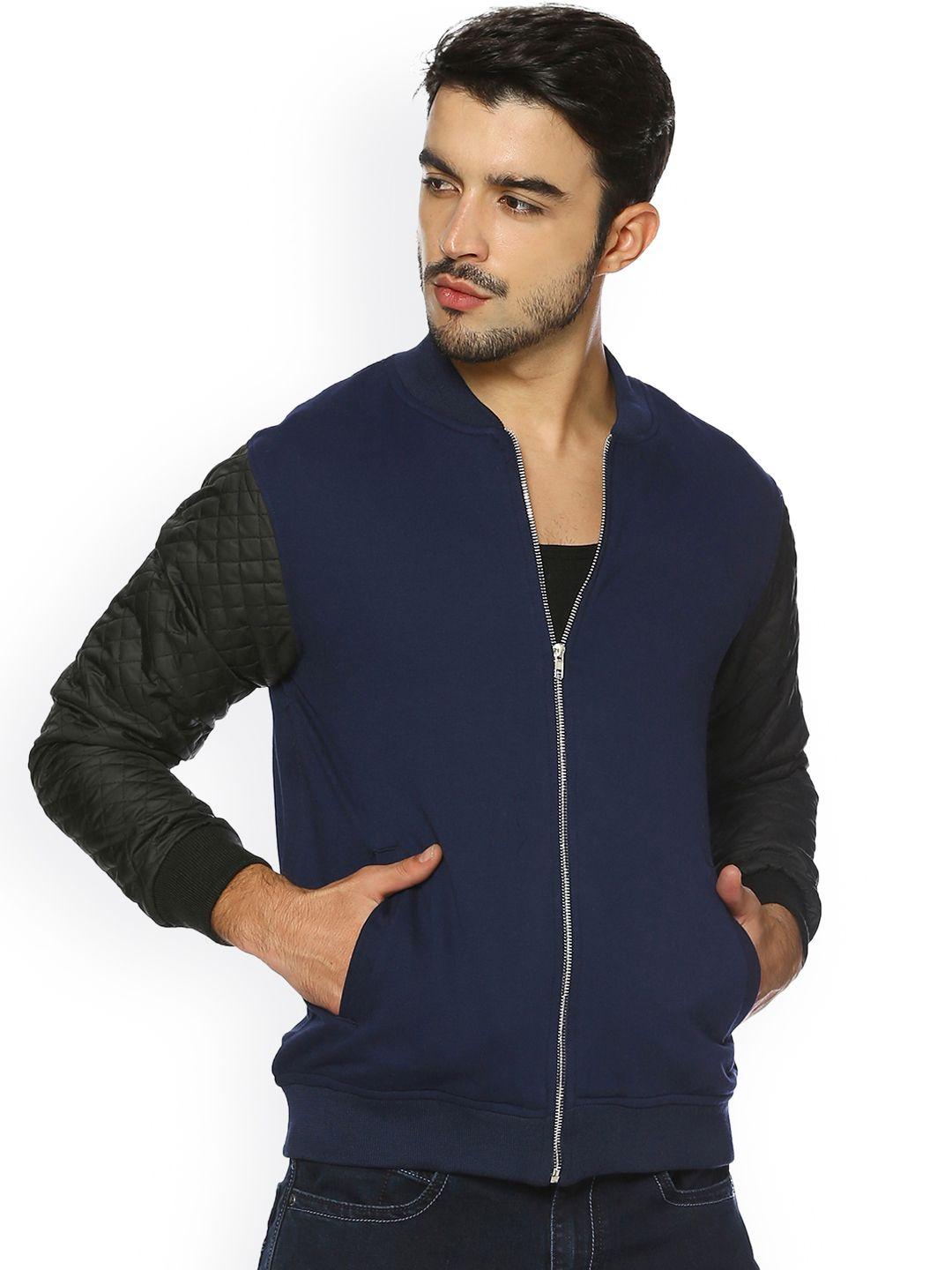 campus sutra men blue solid quilted jacket