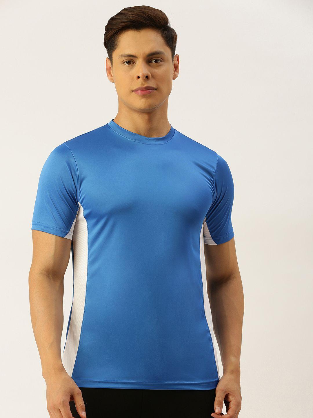 campus sutra men blue solid round neck sports t-shirt