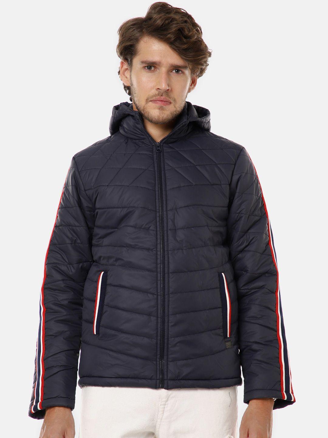 campus sutra men blue windcheater puffer jacket with side stripes