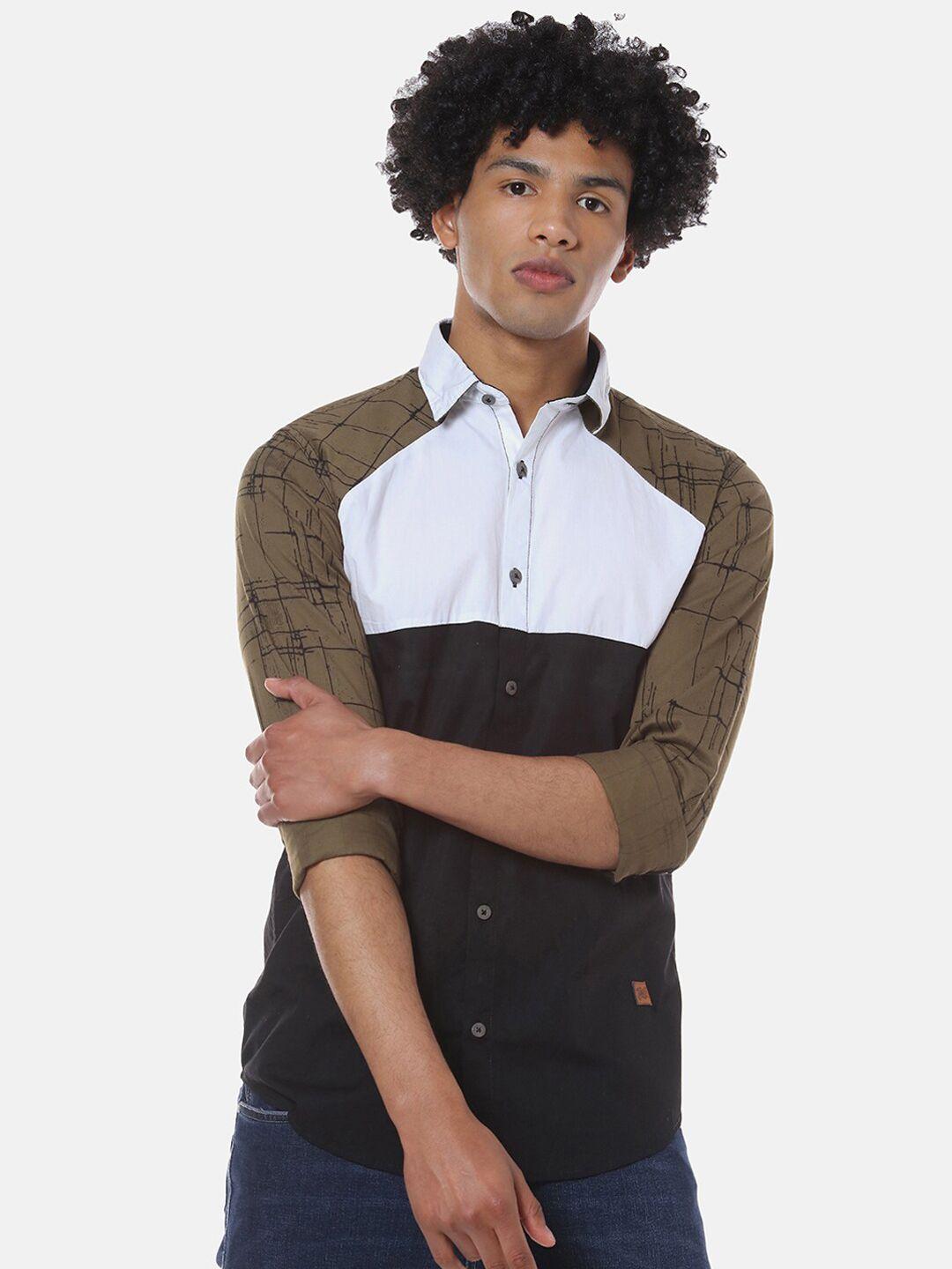 campus sutra men brown & black regular fit colourblocked casual shirt