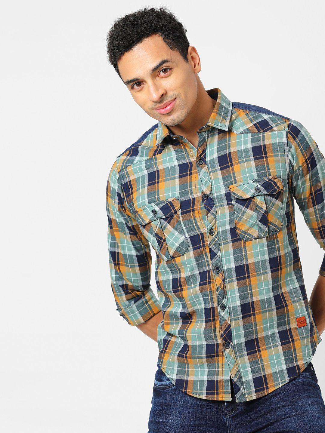 campus sutra men brown classic tartan checked regular fit casual shirt