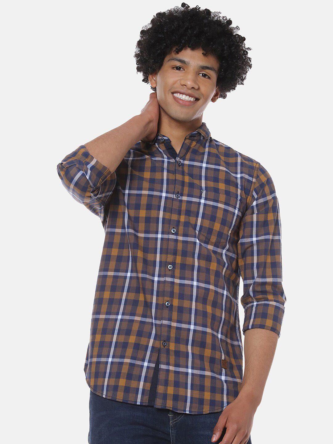 campus sutra men brown regular fit checked casual shirt