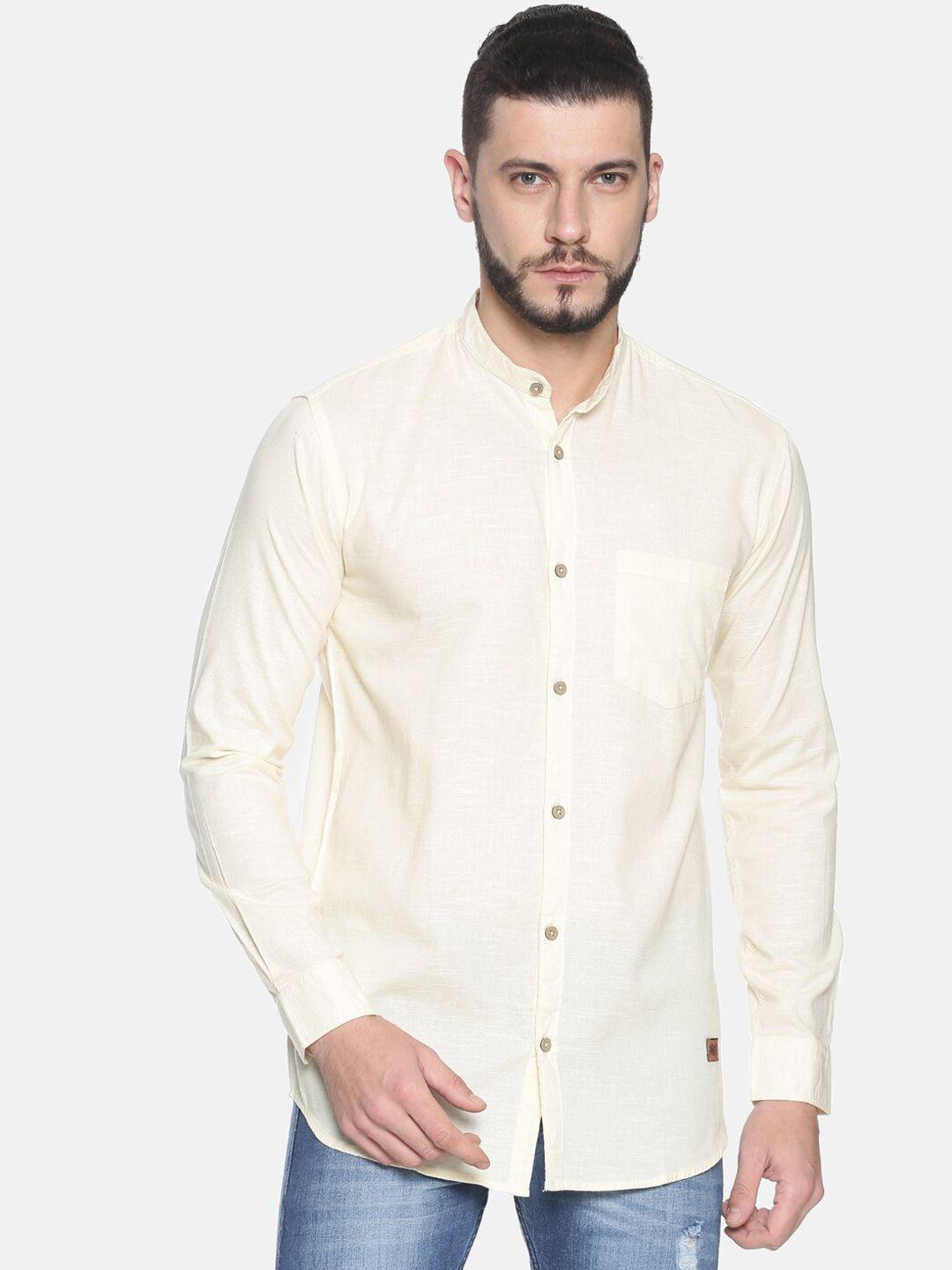 campus sutra men cream-coloured classic regular fit solid casual shirt