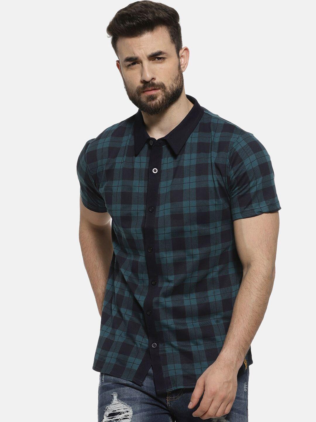 campus sutra men green & navy blue regular fit checked casual shirt