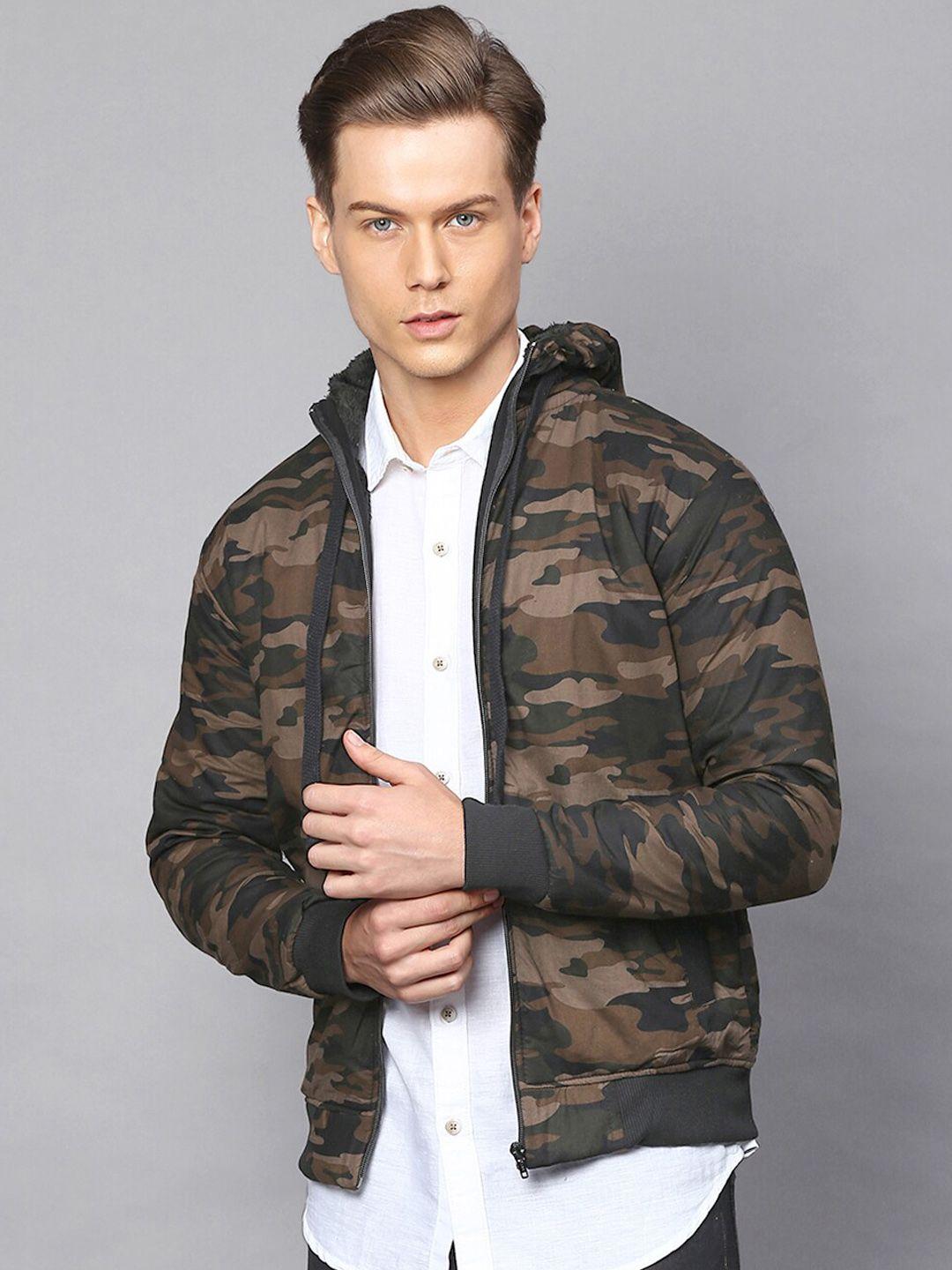 campus sutra men green camouflage windcheater bomber jacket