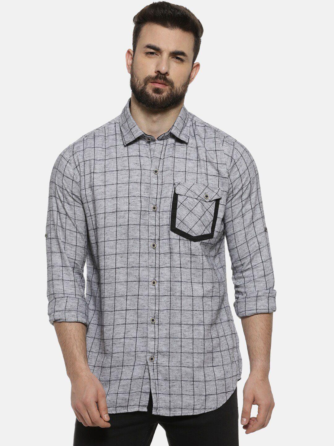 campus sutra men grey & black checked casual shirt