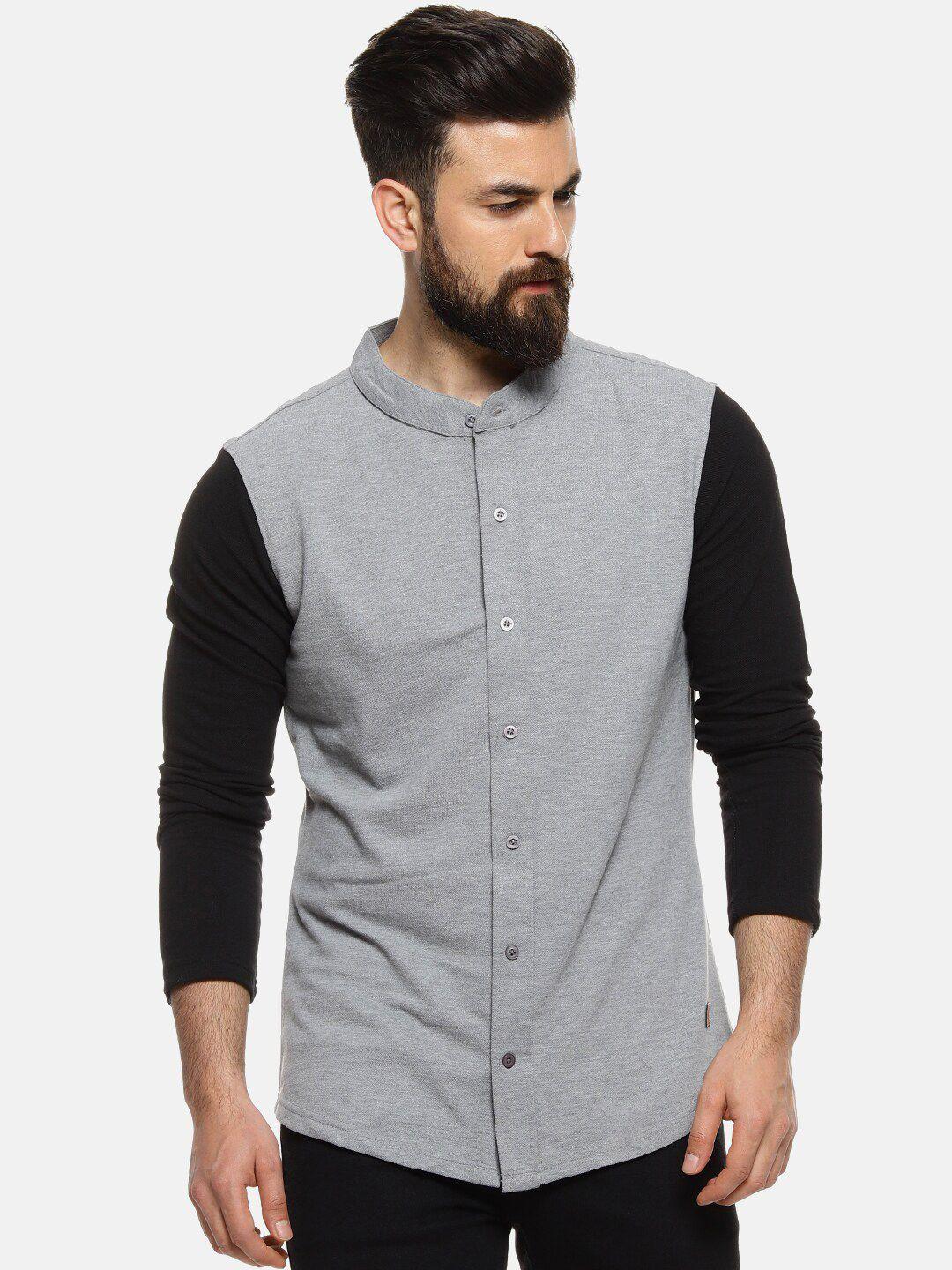 campus sutra men grey & black regular fit solid casual shirt