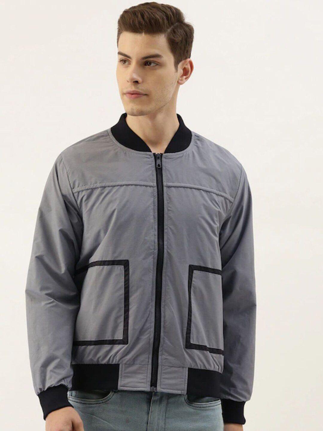 campus sutra men grey & black windcheater bomber jacket