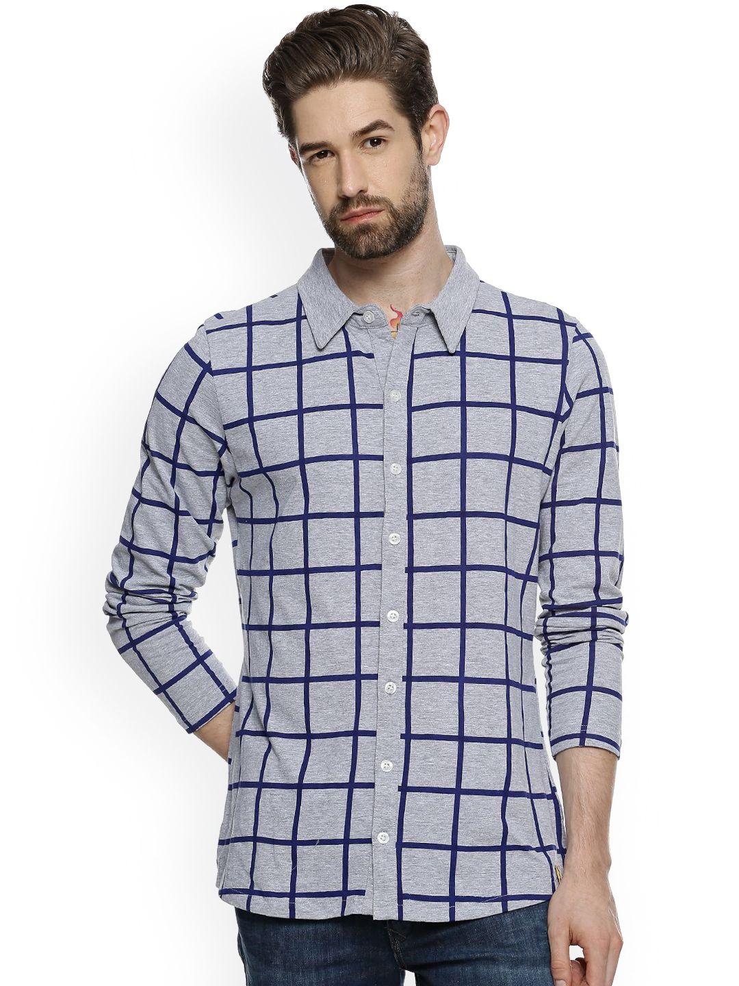 campus sutra men grey & blue regular fit checked casual shirt