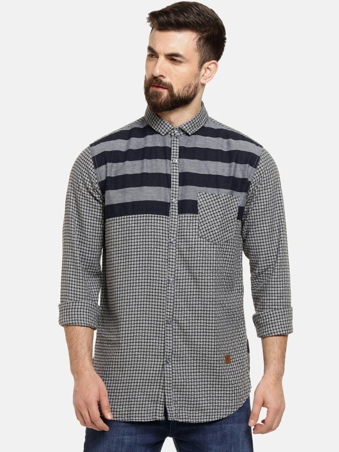 campus sutra men grey & blue regular fit striped casual shirt