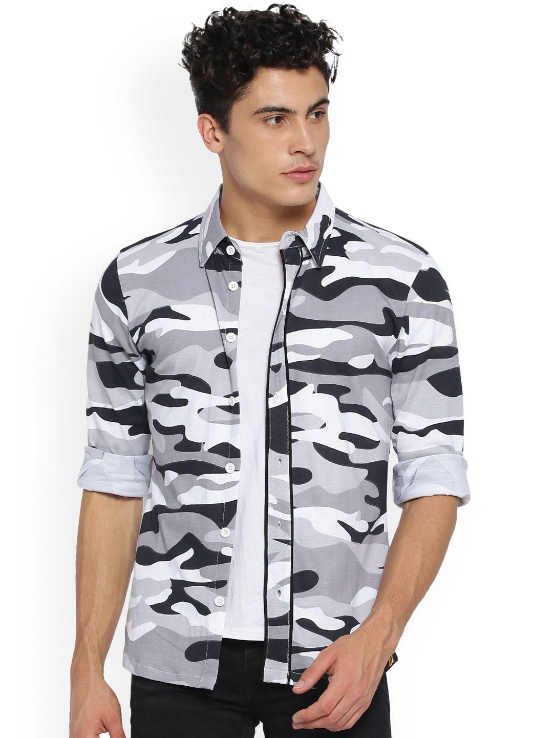 campus sutra men grey & white regular fit camouflage printed casual shirt