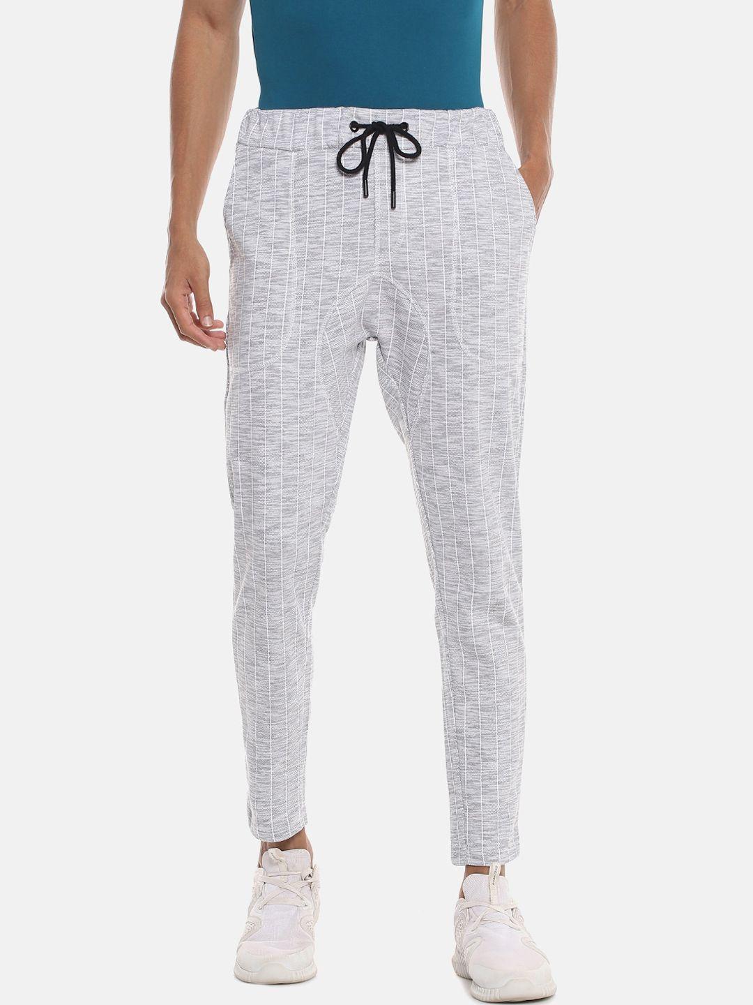 campus sutra men grey & white striped cotton track pants