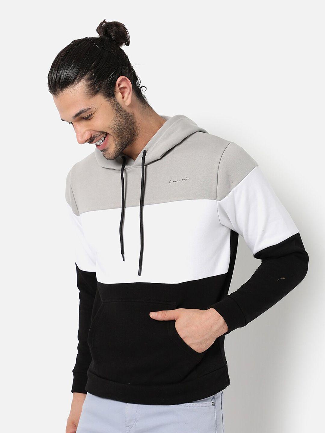 campus sutra men grey and black  colourblocked hooded sweatshirt