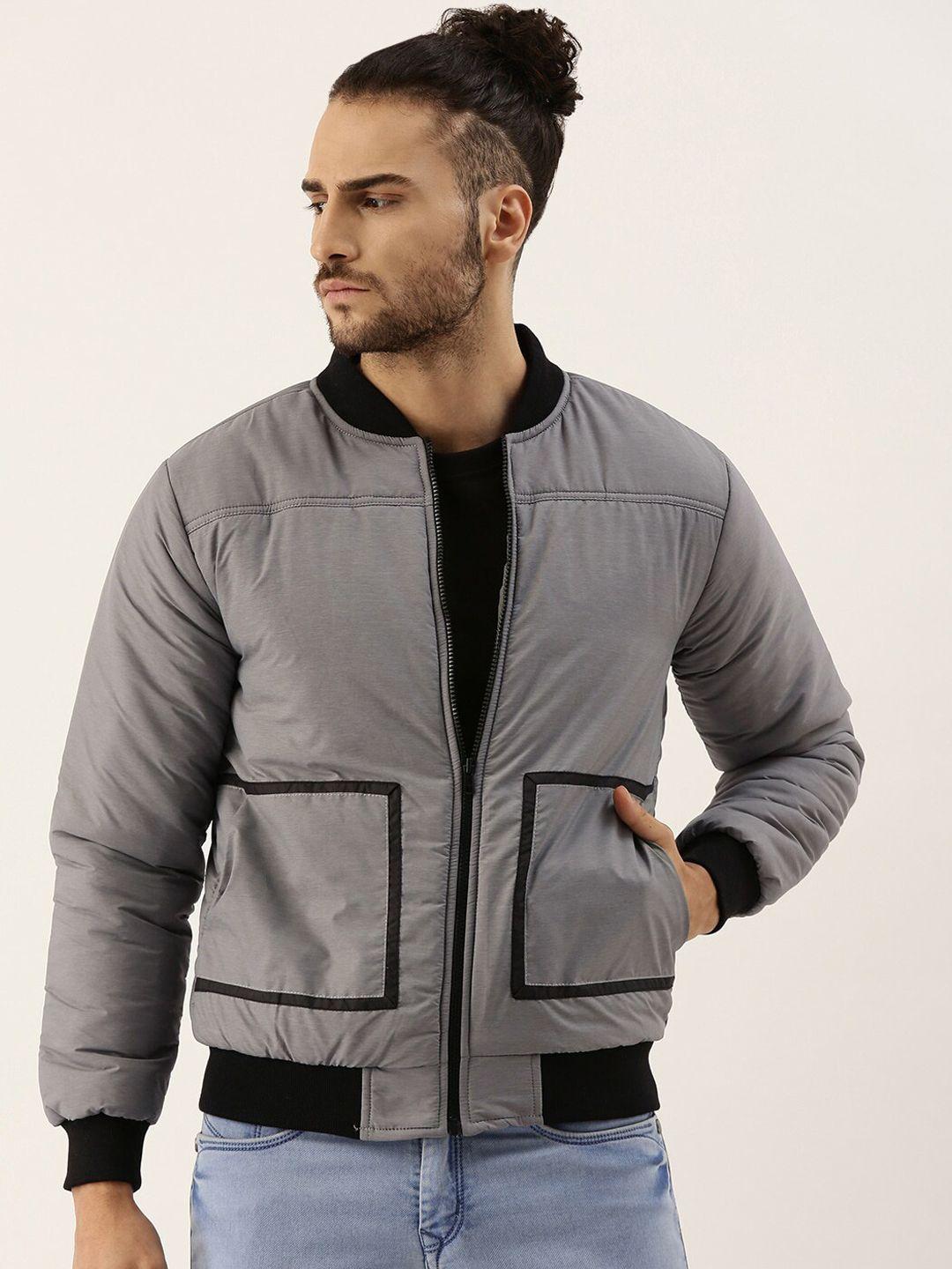 campus sutra men grey black windcheater outdoor bomber jacket