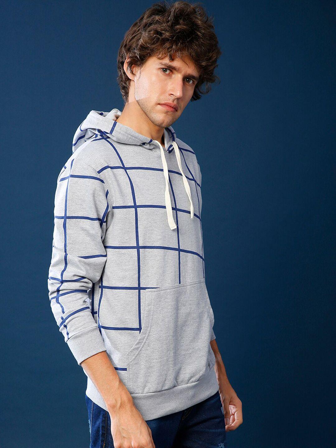 campus sutra men grey checked hooded sweatshirt