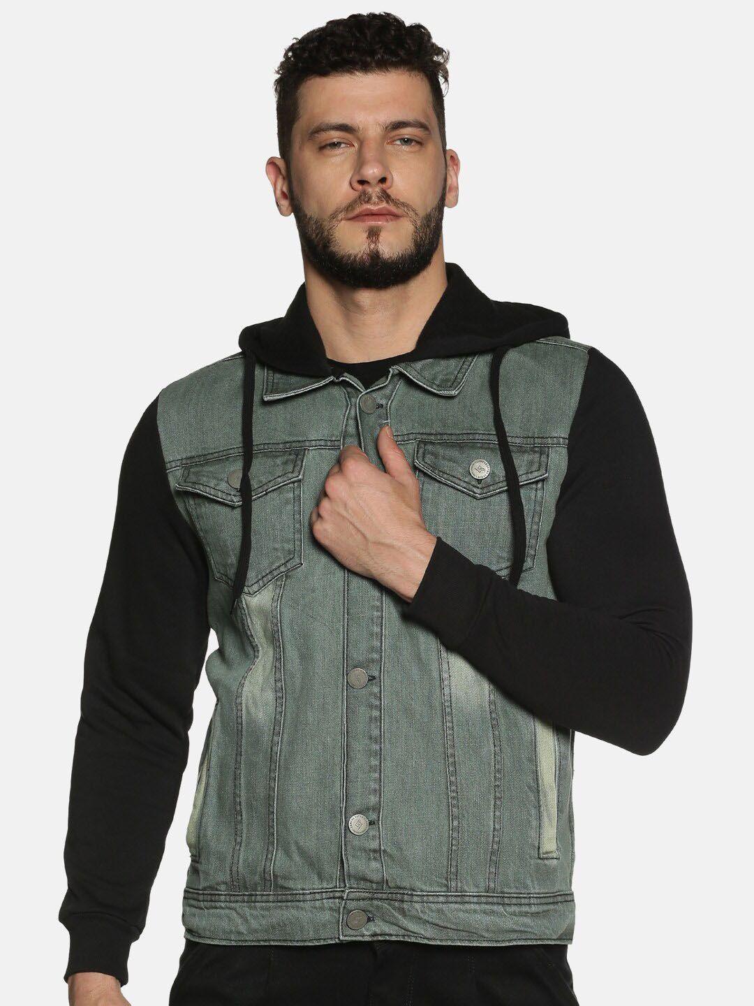 campus sutra men grey colourblocked hooded denim jacket