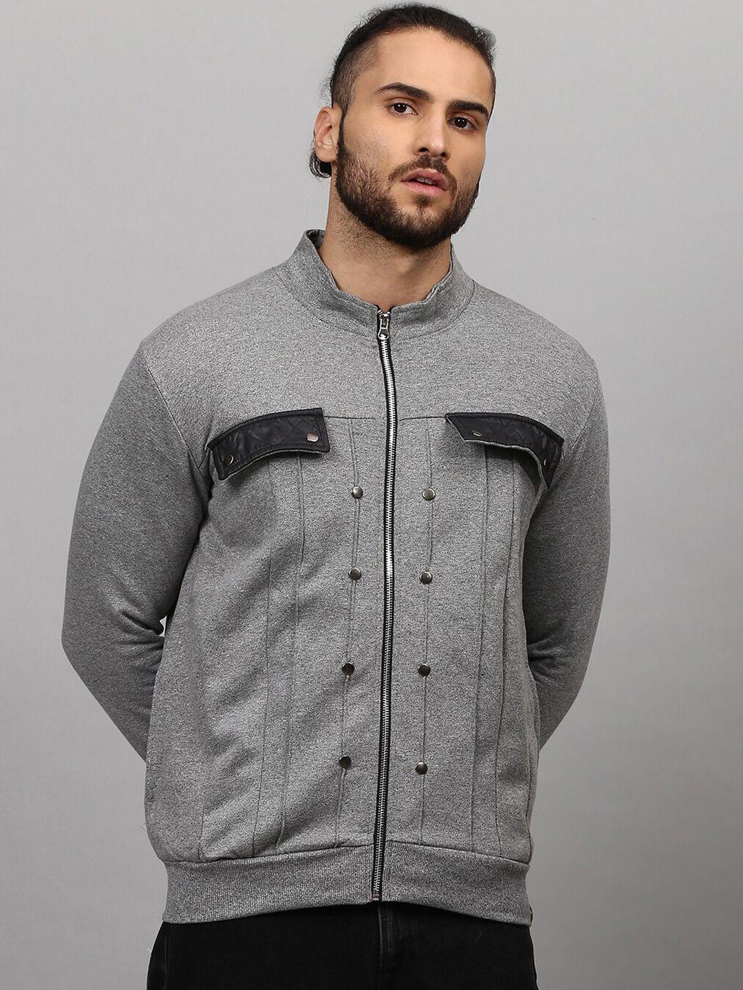 campus sutra men grey geometric windcheater outdoor bomber with patchwork jacket